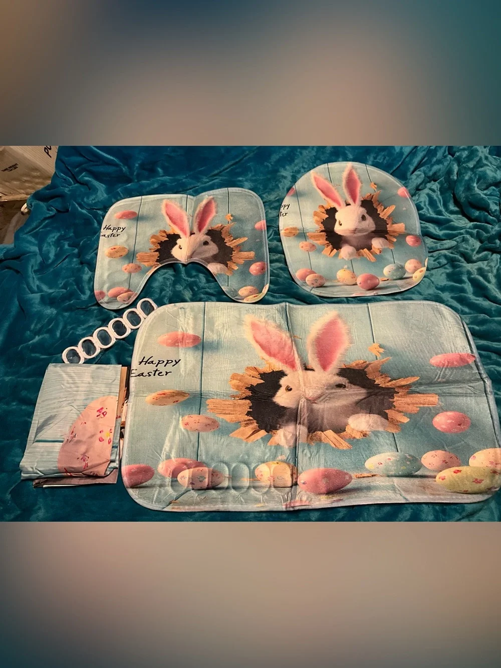 5pc NEW Easter Bunny Bathroom Mat Set Light Blue MATS,SHOWER CURTAIN SEAT COVER